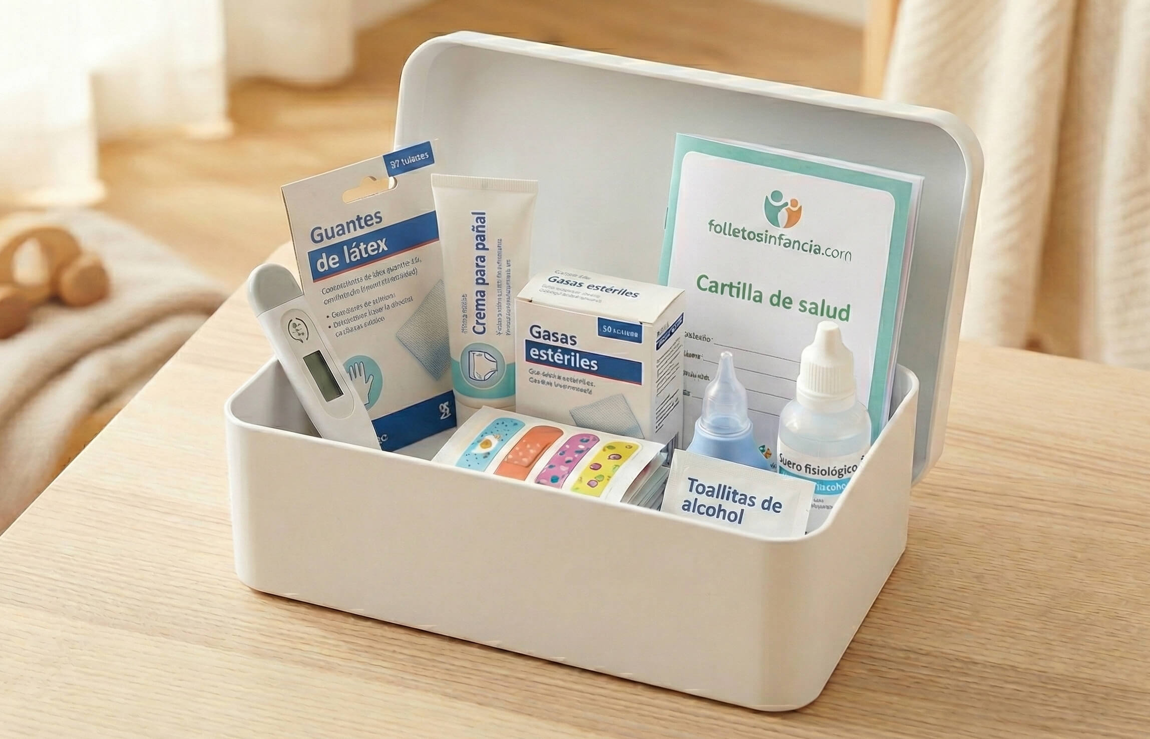 Un botiquín de primeros auxilios bien organizado sobre una superficie limpia.